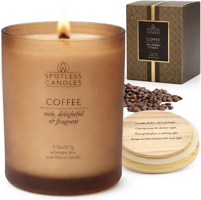 Coffee Candle; 9.7oz, 55 Hrs Burn Time, Soy Wax Brown Frosted Jar with Crackling Wooden Wick & Luxury Gift Box with Gold Foil Strip: Coffee Scented Candle by Spotless Candles