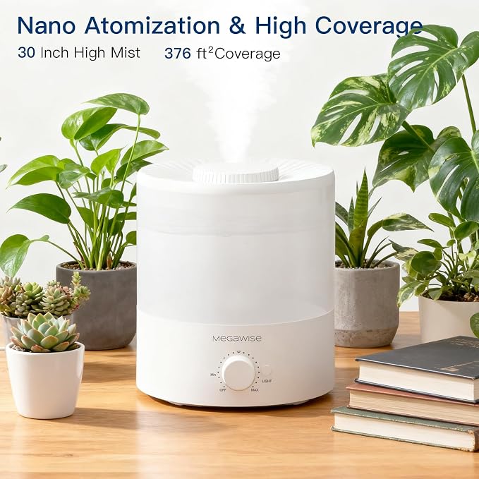Megawise Cool Mist Humidifiers for Bedroom, 2L Tank Ultra-Quiet Humidifier for Large Room, 40H Runtime with 7 Color Ambient Light, Auto Shut-Off Protection