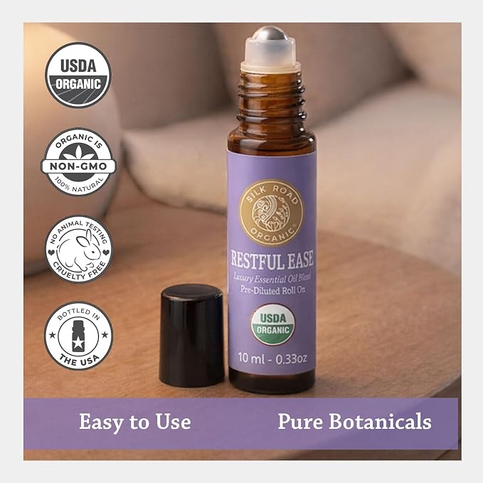 Silk Road Organic Restful Ease Essential Oil Sleep & Stress Blend Roll On - 100% Pure USDA Certified with Indian Sandalwood - Stress Ease Aromatherapy & Calming Relaxation - 10 ml Roller