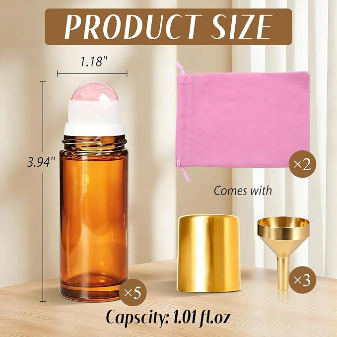 Cocurb 5pcs 1oz Rose Quartz Roller Bottles for Essential Oils Perfume Skincare DIY,Refillable Leak-Proof Amber Glass Roll on Bottle Empty Deodorant Containers with Gold Cap&Storage Bags