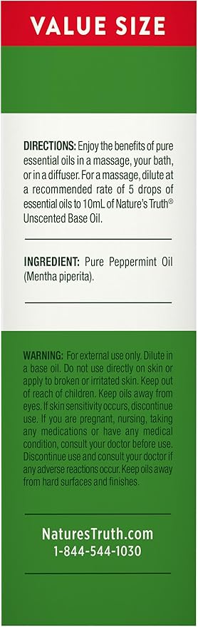 Nature's Truth Peppermint Essential Oil Pure | 2 fl oz | for Diffuser, Aromatherapy, and Massage | Value Size | Plant Based, Non-GMO & Gluten Free