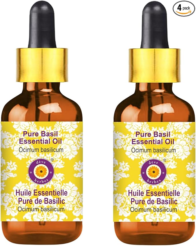 Deve Herbes Pure Basil Essential Oil (Ocimum basilicum) with Glass Dropper Steam Distilled (Pack of Two) 100ml X 2 (6.76 oz)