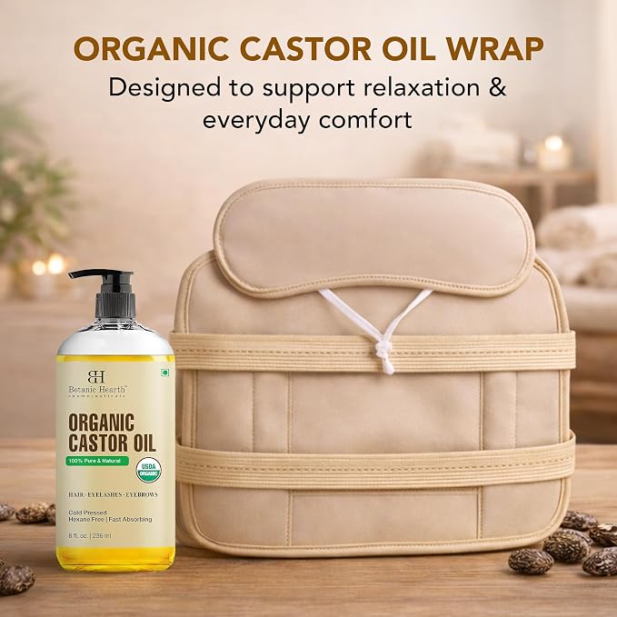 Botanic Hearth 100% Pure Castor Oil with Wrap Kit | Cold Pressed Oil for Hair & Body | Reusable Cotton Belly, Stomach & Neck Wrap | Hydrating Care for Dry Hair & Skin | 8 fl oz