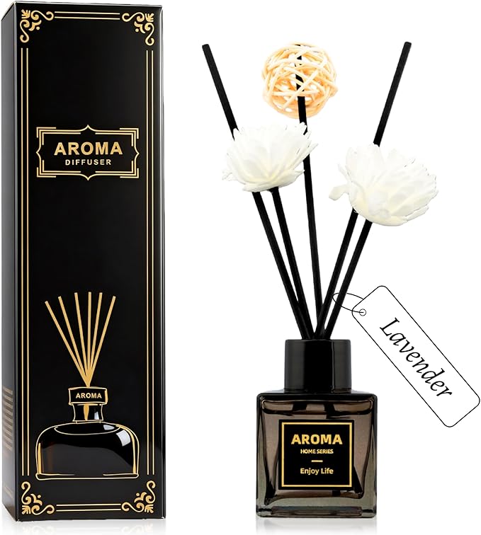 Black Glass Bottle Scent Diffuser, 1.7 oz Reed Diffuser with Sticks, Home Fragrance for Bookshelf, Bedroom Vanity, Office Desk & Bathroom Decor, Air Freshener for Aesthetic Room Decor (Lavender)