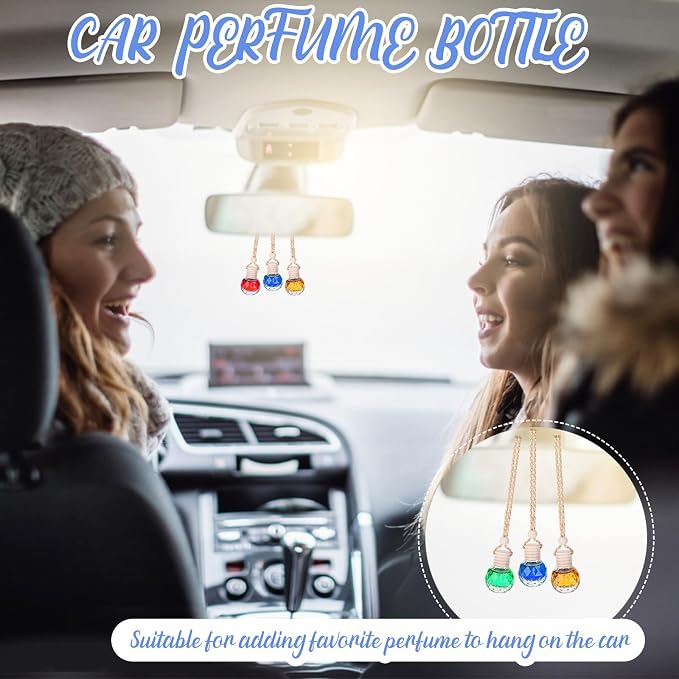 60 Pcs Hanging Car Air Freshener Car Diffuser Bottle Empty Glass Perfume Bottles Air Freshener Diffuser Bottle Pendant for Essential Oils Fragrance Aromatherapy Ornament Decor (Round Diamond)