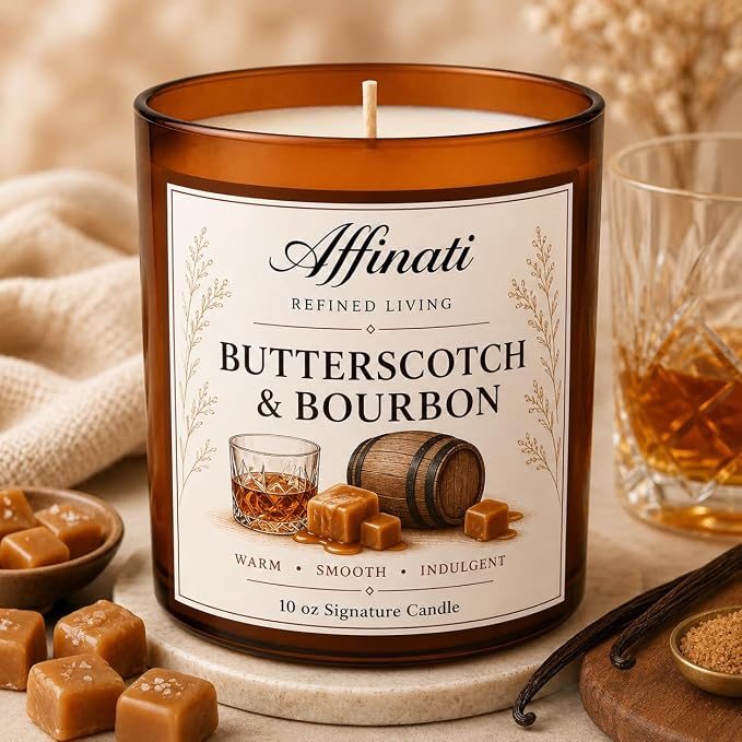 Affinati Butterscotch & Bourbon Signature Candle - 10 oz Luxury Soy Blend Wax Candle, Long-Lasting Home Fragrance
