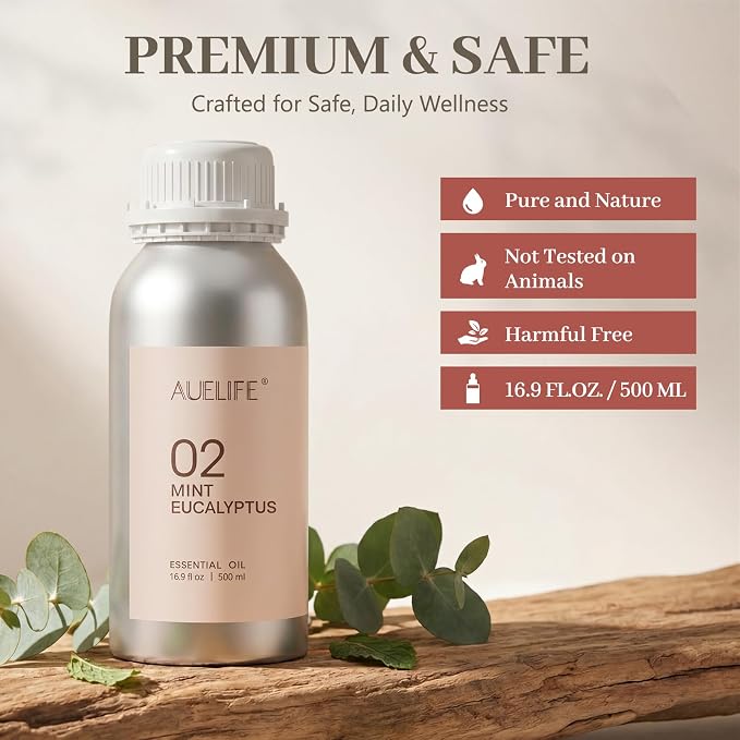 Auelife 16.9oz (500 ml) Mint & Eucalyptus Essential Oils for Diffusers for Home, Large Aluminum Bottle Fragrance Oil for Candle & Soap Making, Aromatherapy Oil for DIY Scents & Home Fragrance