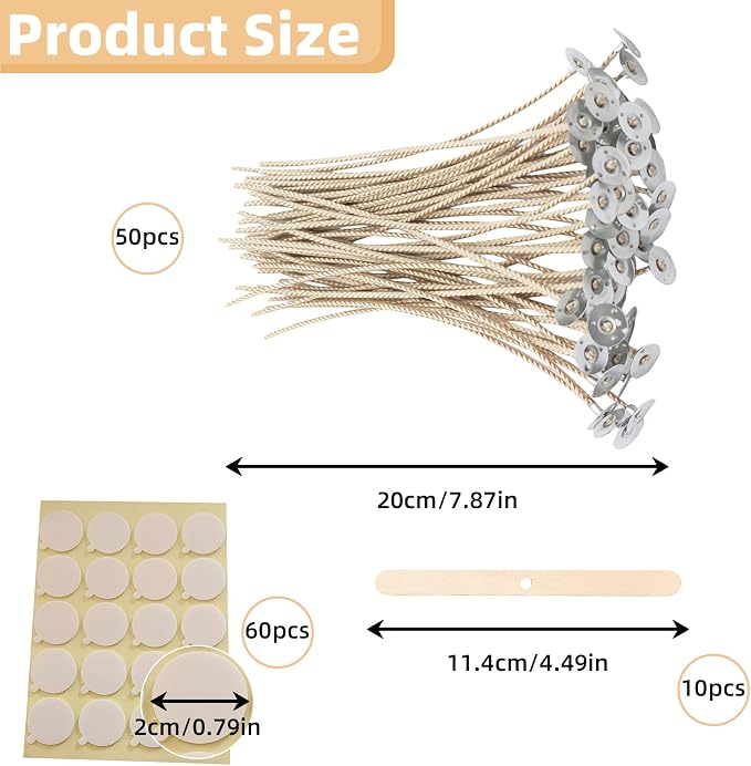 Candle Wicks Kit - 50pcs 8 Inch Natural Candles Wicks with 10pcs Wooden Holders 120 Pcs Wick Stickers for Soy Wax Beeswax Coconut Wax Candle Making Supplies