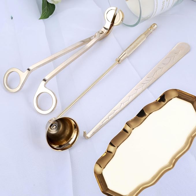 MUXSAM Candle Accessory Set Gift Box, Exquisite Wave Storage Tray Plate, Candle Wick Trimmer, Bell Candle Wick Snuffer, Candle Wick Dipper, 4-in-1 Candle Care Toll Kit for Scented Candle Lover, Gold