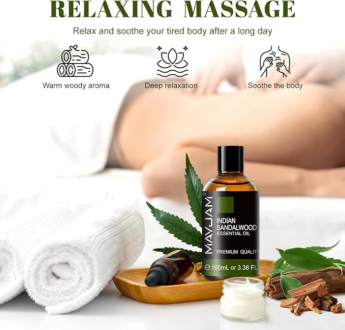 MAYJAM Indian Sandalwood Essential Oils 3.38 FL.OZ Pure Indian Sandalwood Oil for Massage Skin Care Hair Care Diffuser Candle and Soap Making - 100ml