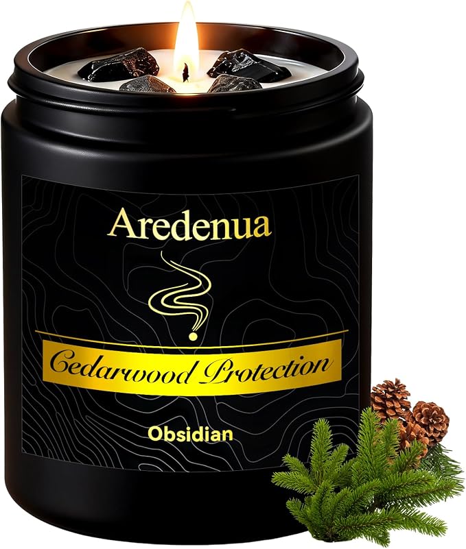 Scented Candle with Crystal for Emotional Protection and Grounding - Cedarwood Aromatherapy Candle with Obsidian Healing Crystals, Natural Soy Wax 7oz, Strength Gift for Women Men