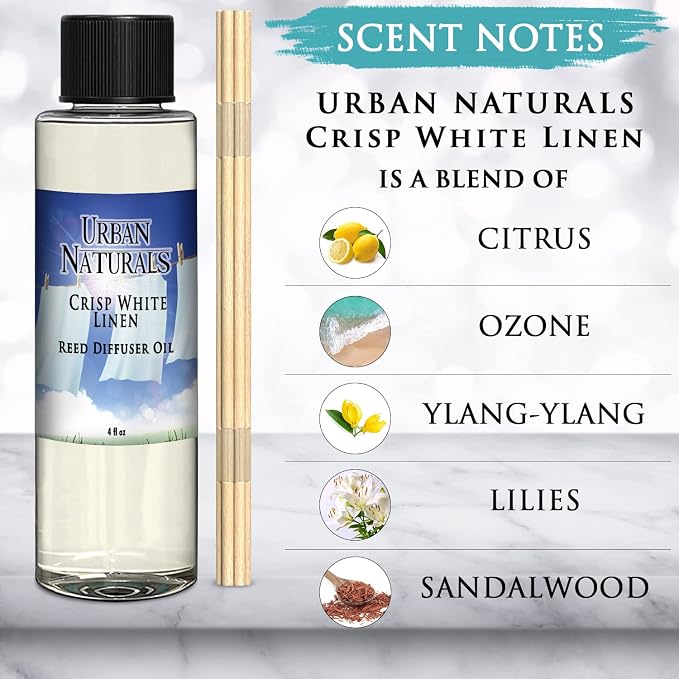Urban Naturals Crisp White Linen Scented Oil Reed Diffuser Refill | Free Set of Reed Sticks! A Fresh, Clean Cotton Scent, 4 oz