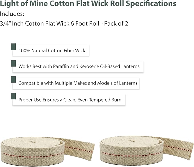 Light of Mine - 3/4" Inch 6' Foot, 100% Cotton Flat Wick - 2 Pack, for Paraffin Oil, Kerosene Based Lanterns, and Oil Lamps with Genuine Red Stitch (3/4" - 6' Roll, 2 Pack)