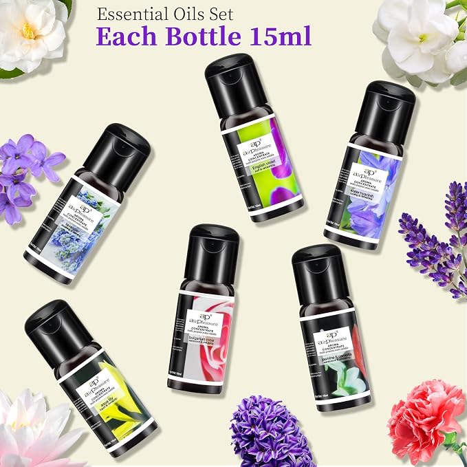 Blossom Essential Oils Set, 6x15ml Aromatherapy Oil Kit for Diffuser, Humidifier, Air Purifier- Aqua Lily, Water Hyacinth, Jasmine & Camellia, English Violet, Bulgarian Rose, Lavender