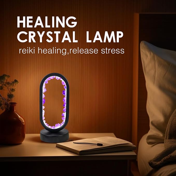Runyangshi Crystal Lamp - Amethyst Tooth Ellipse Night Light with USB Port, 3 Colours Mode Table Lamp for Bedroom, Bedside, Office, Home Decor, Gift