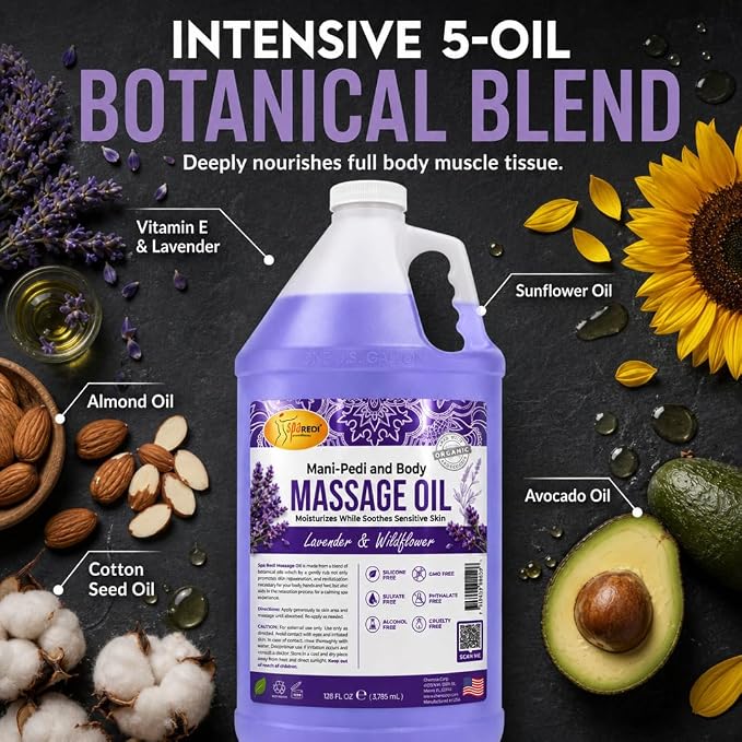 SPA REDI - Massage Oil, Lavender Wildflower, 128 Oz Professional Pedicure, Manicure, Full Body Massage Therapy With Almond Oil, Cotton Seed Oil, Sunflower Oil, Avocado Oil, Essential Oils Pkg May Vary