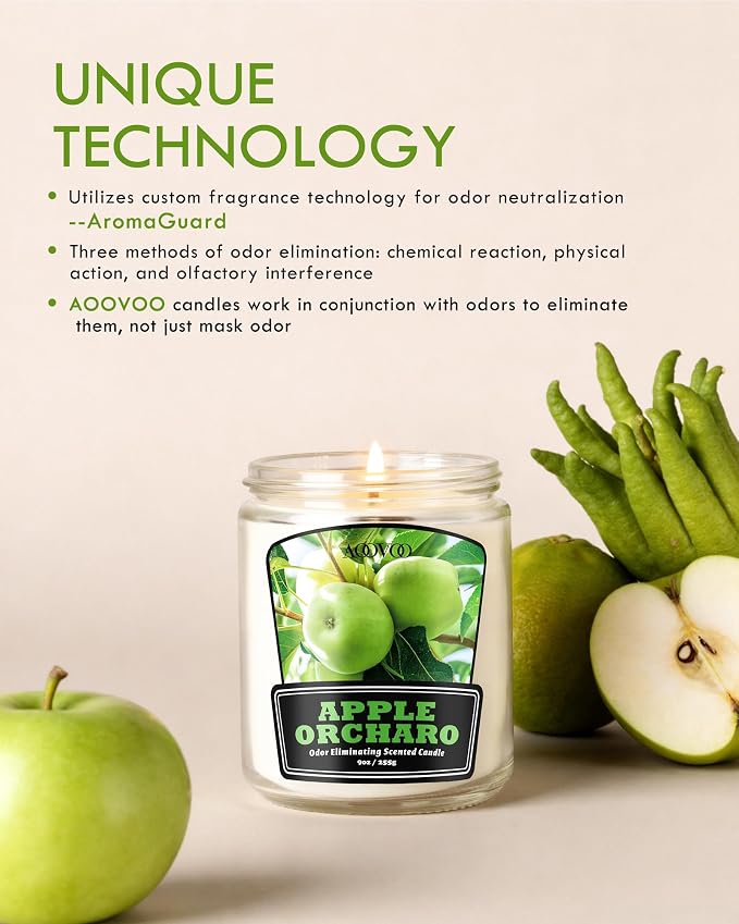 AOOVOO Apple Orcharo Odor Eliminating Candle - Up to 50 Hours Burn time, Eliminates 95% of Pet, Smoke, Food, and Other Smells Quickly, 9 oz Non Toxic Highly Fragranced Air Freshing Soy Candle