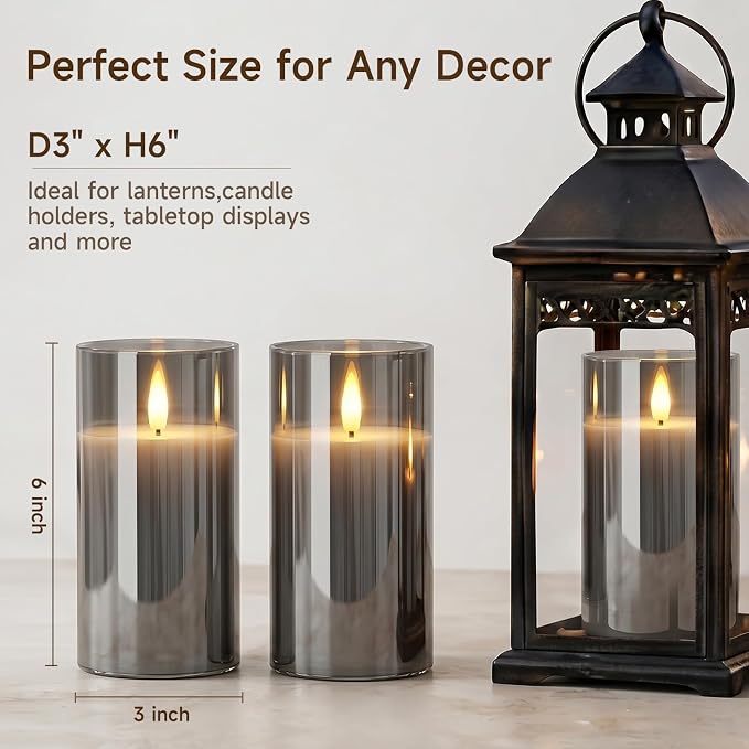 Homemory Grey Glass Flameless Candles Battery Operated LED Pillar Candles with Remote and Timer, Real Wax Flickering Candles with 3D Wick for Home Wedding Holiday Decor, Set of 2, 3"x6"