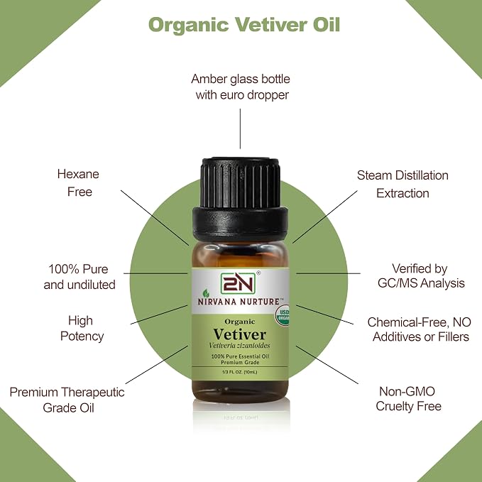 Vetiver Essential Oil, USDA Certified Organic, 100% Pure Undiluted, Aromatherapy Oil for Diffuser, Hair & Skin Care