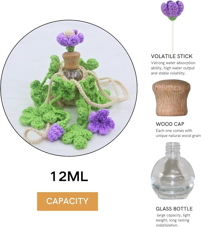 ROFIGL Handmade Crochet Hanging Car Air Freshener - Lucky 4-Leaf Clover Charm with 12ml Refillable Glass Essential Oil Diffuser Bottle, St. Patrick's Day Car Accessories & Bedroom Lucky Decor