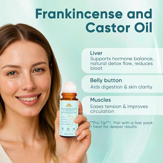 Frankincense and Castor Oil, Castor Oil Roll On with Rose Quartz, 100% Pure, Organic, Cold-Pressed, Firms Skin, Reduces Fine Lines & Hormone Balance, Suitable for Face, Neck, Abdomen, 50ML/1.7OZ (2)