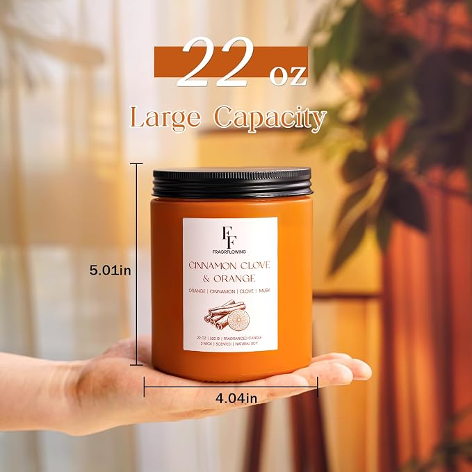 Large Christmas Spices Candle Cinnamon Clove Scented, 3-Wick 22oz Long Lasting Scented Candle, Natural Soy Wax Aromatherapy Candle for Home, Holiday Candle Gifts for Women Men