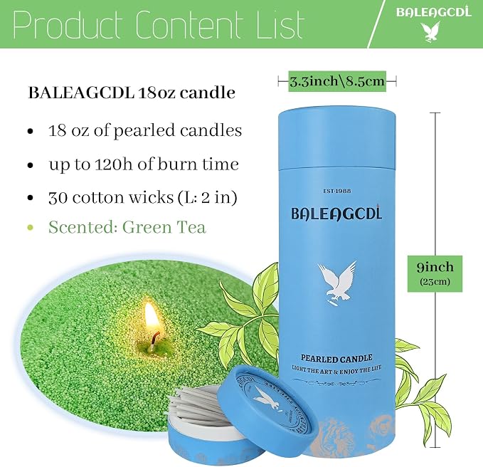 Pearled Candle, 18 Oz Green Tea Scented Sand Candle with 30 Wicks, Light Green Refillable Pearled Wax, Up to 120 Hours Smooth Clean Burning, Perfect for DIY Candle Making