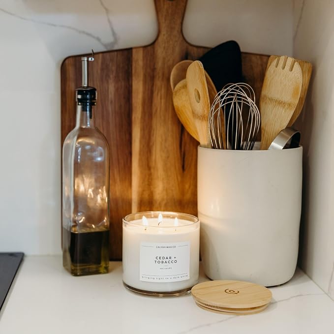 Calyan Wax Co. Cedar & Tobacco 3 Wick Scented Candle - 43 Hour Burn - Luxury 3 Wick Soy Candles - Clean Soy Wax Candles - Long Lasting Large Glass Jar Candle for Home - 14.9oz