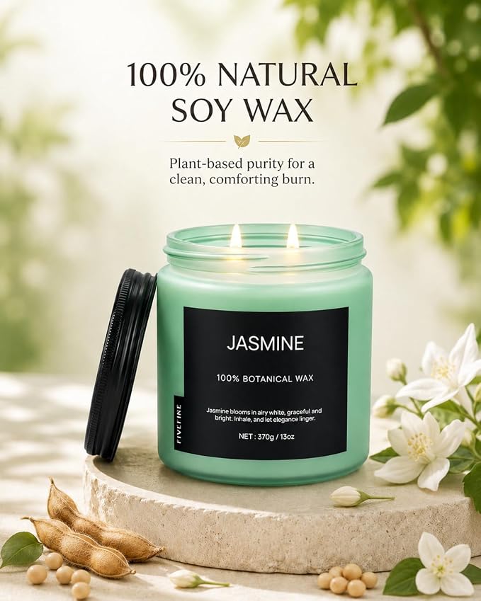 Jasmine Home Scented Candles, 13oz Organic Soy Wax, 76-Hour Clean Burning, Natural Candles Non Toxic, Floral Scent for Relaxation, Aromatherapy Housewarming Candle for Men Women