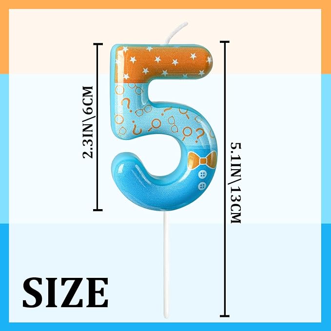 Number 5 Birthday Candle for Cake – Blue Cartoon Outfit Style with Bow Tie, Question Mark & Star Pattern – Fun Cake Topper Decoration for Celebration