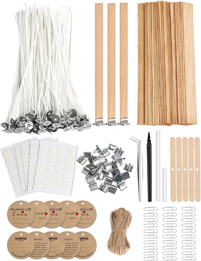 130 Pcs Candle Wicks for Candle Making Kit: 100 Cotton & 30 Wood Wicks with Complete Tool Set (Wick Holders, Wick Stickers, Candle Tabs, Tweezers, Pen), for Soy Beeswax DIY Candles