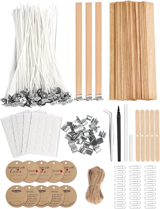 Multiwins 130 Pcs Candle Wicks for Candle Making Kit: 100 Cotton & 30 Wood Wicks with Complete Tool Set (Wick Holders, Wick Stickers, Candle Tabs, Tweezers, Pen), for Soy Beeswax DIY Candles