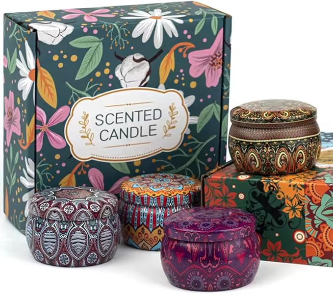 Scented Candle Gift Set with 8% Essential Oils | 4 Pack Aromatherapy Candles for Stress Relief and Relaxation