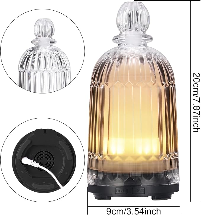 Glass Essential Oil Diffuser, Ultrasonic Aroma Diffuser Glass Cover & Plastic Reservoir with 7 LED Color Changing Light, Auto Shut-Off for Home Office Spa, 120ml(Black Base)