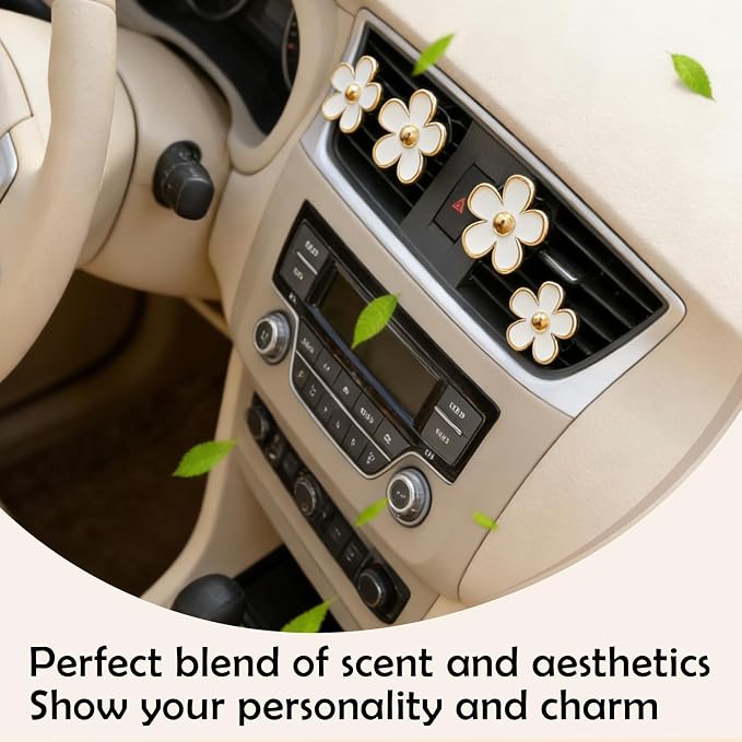 4Pcs Cute Daisy Flowers Car Air Freshener Vent Clips, 4 Sizes Sparkle White Flower Car Diffuser Clips, Refillable Girly Car Accessories for Women