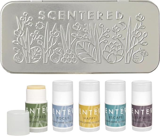 Scentered Aromatherapy Gift Set, Mini Roll On Essential Oil Balms for Mood Boost, Focus, Stress-Relief, Calm, Sleep - Set of 5 Premium Blends - Aromatherapy Gifts for Women