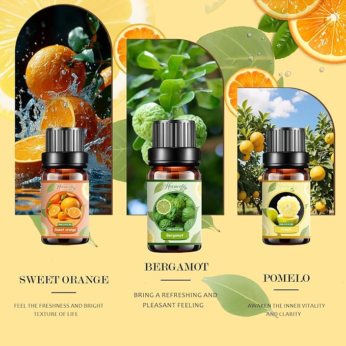 Essential Oil Set, Pure Essential Oils for Diffusers Home, Skin Care, Massage, Aromatherapy, Humidifiers, Fragrance Oil Scents Including Sweet Orange, Bergamot, Lemon, Grapefruit, Citrus, Lime.