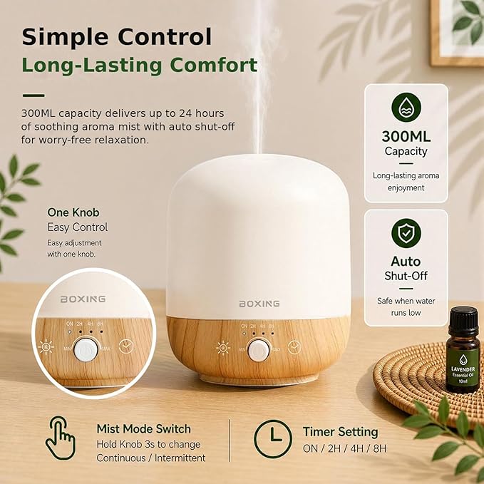 Essential Oil Diffuser 300ML for Bedroom & Large Room, Up to 24 Hours Runtime, Aromatherapy Diffuser with Auto Shut-Off, 28dB Whisper Quiet, 7 Color Night Light, Wood Grain Diffuser by BOXING