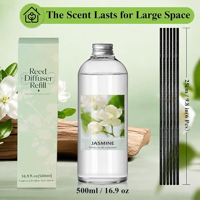 SCENTORINI Reed Diffuser Oil Refill, Jasmine Diffuser Oil 16.9 Fl Oz, Scented Essential Oil Refill Long Lasting Summer Home Fragrance for Large Space Room Spa Bathroom Home Hotel Decor