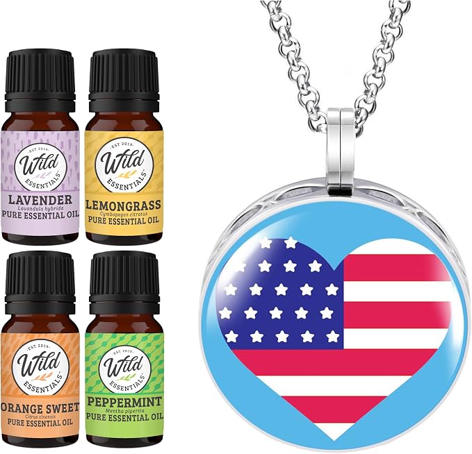 Wild Essentials USA Flag Heart Necklace Essential Oil Diffuser Kit, Lavender, Lemongrass, Peppermint, Orange Oils, 8 Refill Pads, Calming Aromatherapy Gift Set, Customizable, Perfume