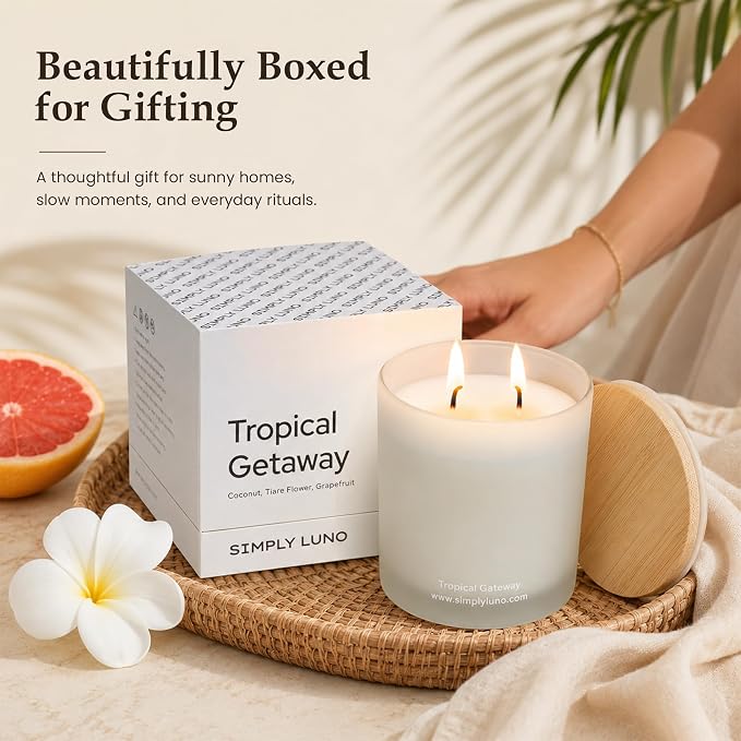 Tropical Getaway Coconut & Grapefruit Scented Candle | 14oz Soy Wax | 50+ Hour Long Lasting Burn | Reusable Glass Candle Jar with Bamboo Lid & Eco Friendly Gift Box |Luxury Scented Candle for Home