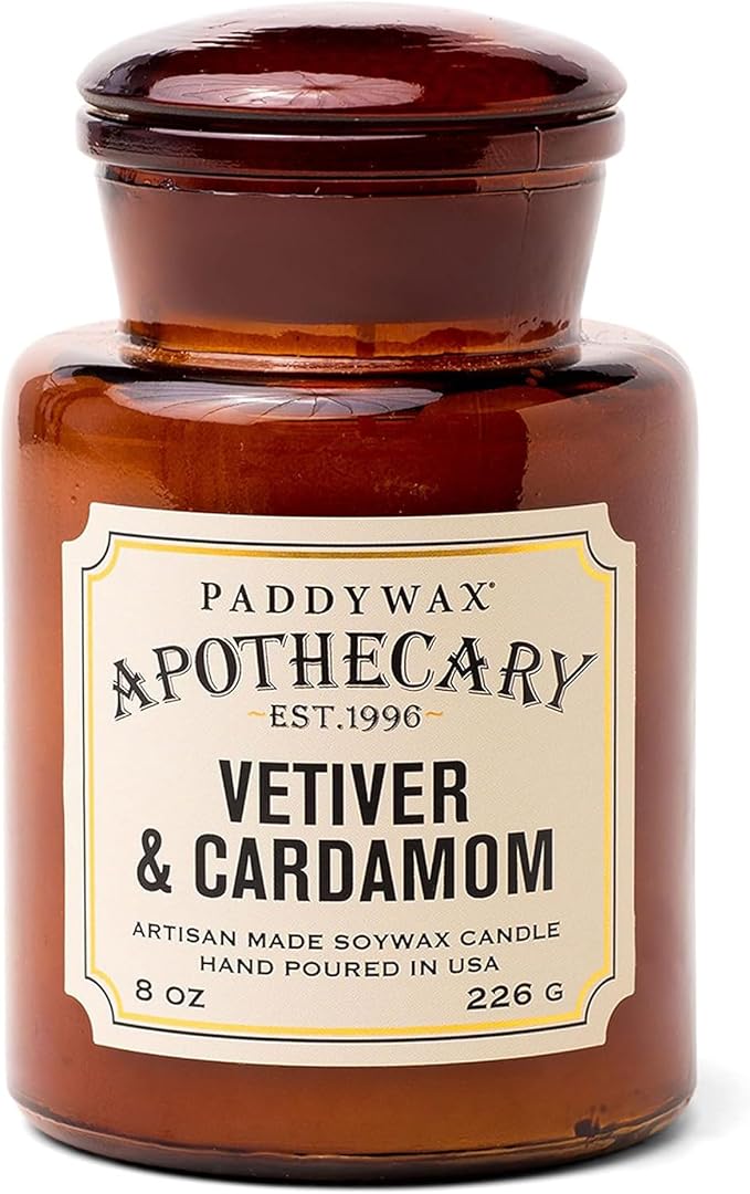 Paddywax Artisan Apothecary Scented Candle with Lid in Reusable Glass Jar, Clean-Burn Soy Candle with Approx. 54 Hour Burn Time, Vetiver & Cardamom, 8 oz.