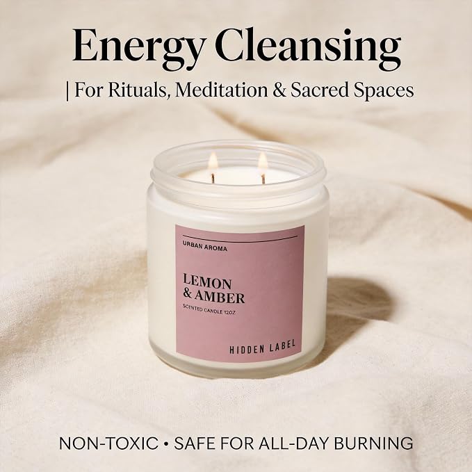 Hidden Label Lemon Amber Soy Candle, 12oz 2-Wick, 70H Bright Warmth | Non-Toxic Natural Wax, Paraben & Phthalate-Free, Clean Burn | Elegant Decor & Gift-Ready | Uplift & Relaxation
