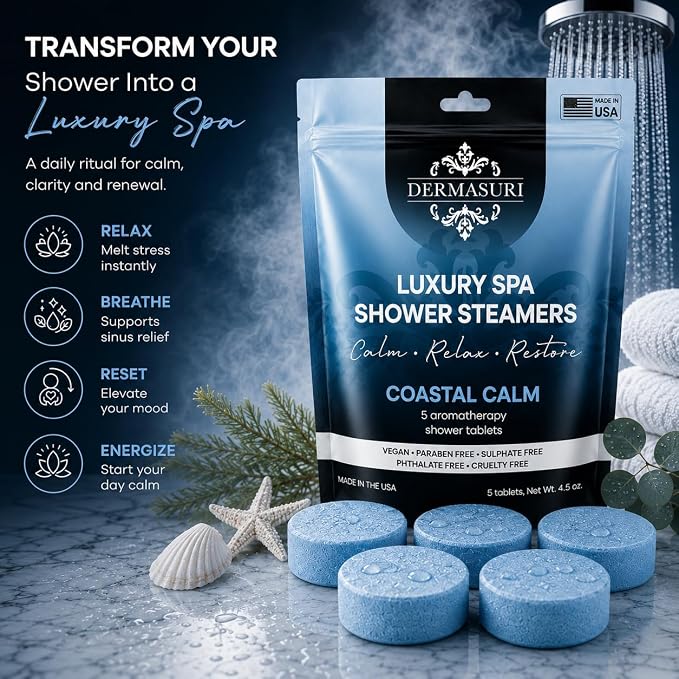 Shower Steamers Aromatherapy, Essential Oil Pods Infused for Relaxation, Shower Pods Aromatherapy - Calming, Stress Relief & Self Care Gifts for Women - Coastal Calm