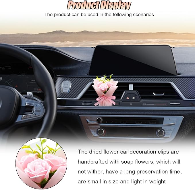 Mini Bouquet Car Air Outlet Vent Clip, Rose Car Dashboard Air Vent Trim Clips, Cute Flower Automotive Interior Diffuser Decoration Accessories for Women Present (Dreamy Pink)