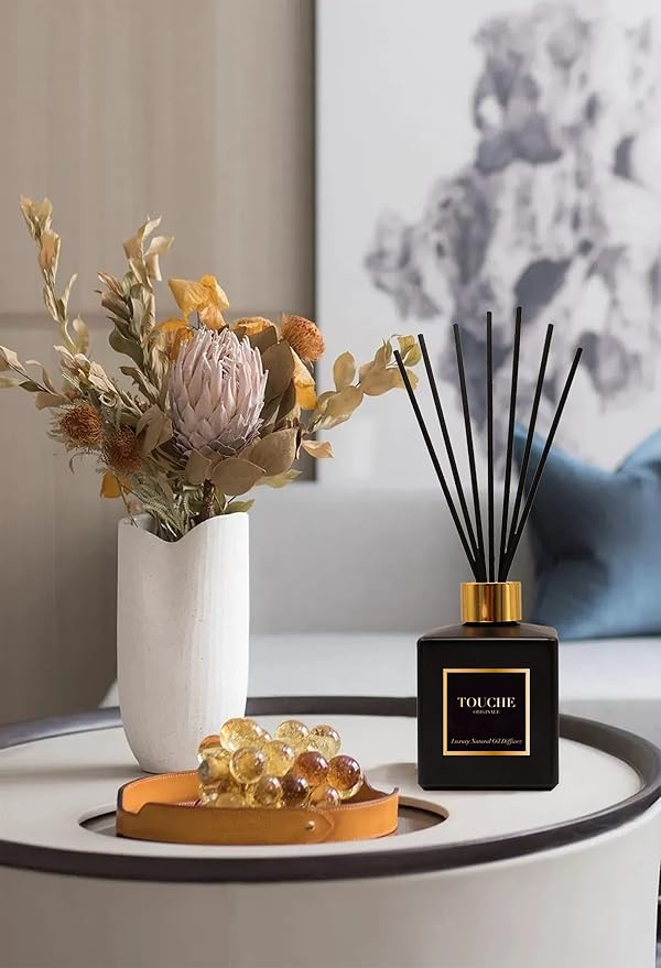 Touche Luxury Natural Reed Diffuser. Long Lasting Scented Home Fragrance. Natural Essential Oil Alcohol-Free. 4.75 OZ. Glass Bottle (Sandalwood & Jasmine - Black Bottle)