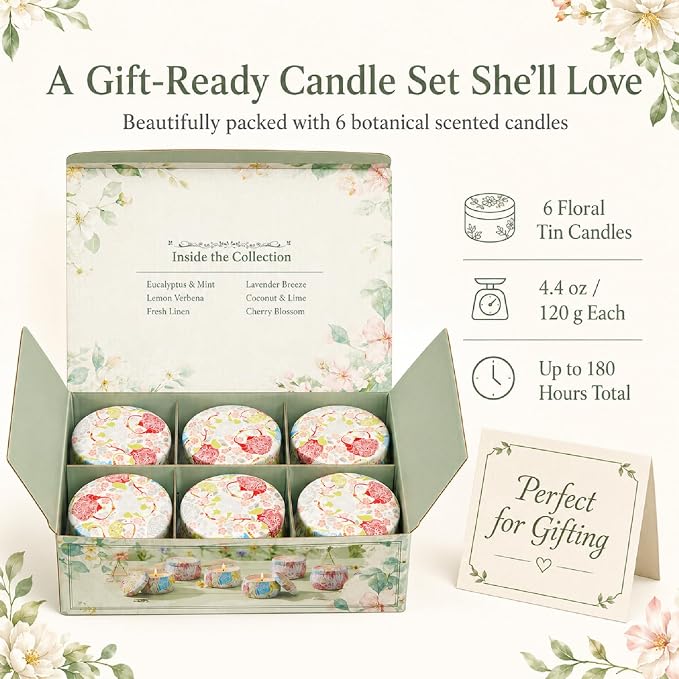 6 Pack Scented Candles Gift Set for Women, Soy Wax Tin Candles, 4 oz Each, 6 Fresh Botanical Scents, Up to 180 Hr Total Burn, Birthday Housewarming Thank You Gifts