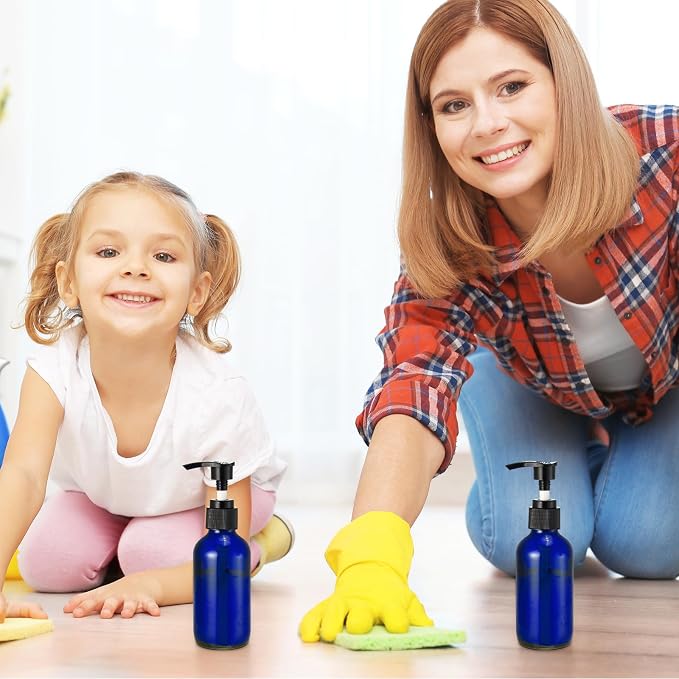 Fumete 2 Pack Glass Bottles 4oz Empty Refillable Liquid Containers with 1 Label 1 Funnel for Essential Oils Hair Travel Plants Cleaning Skin Care(Blue, Black Top,Pump Bottle)