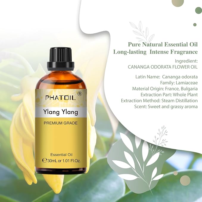 Ylang Ylang Essential Oil 1.01fl.oz/30ml, PHATOIL Premium Ylang Ylang Oils Long Lasting Scents for Aromatherapy, Diffuser, DIY Soap and Candle Making