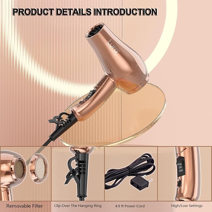 LURA Mini Portable Travel Hair Dryer:Dual Voltage Small Lightweight Blow Dryer with EU Plug,1200W Compact Hairdryer with Folding Handle,with Concentrator&Diffuser Attachment,for Women and Men